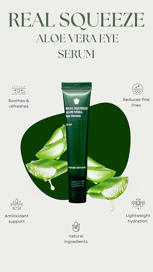 Nature Republic Real squeeze aloe vera Eye Serum-Under eye dark circles roller for puffy eyes aftersun cooling Moisturizing & Hydrating Glow, korean beauty skin care for all skin types 15ml