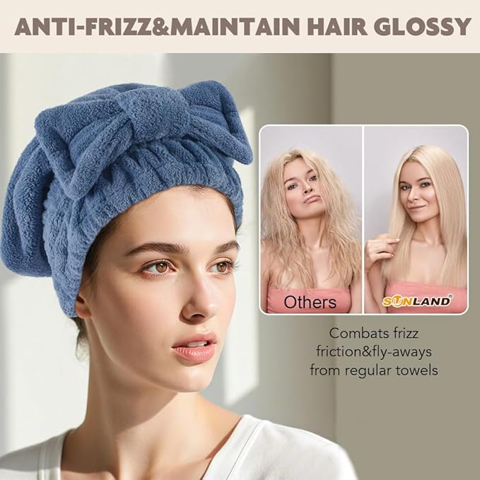 SUNLAND Large Microfiber Hair Drying Caps with Bow knot Fast Drying Shower Cap Soft and Absorbent hairWrap Hair Turban Bath Caps for Curly Thick and wet Hair 11 X 13.4 inch 2 Pack Dark Blue