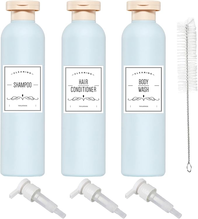 Qeuly Squeeze Bottles with Pump Dispenser and Flip Cap, 8.8 oz Refillable Travel Containers for Toiletries, Plastic Travel Shampoo and Conditioner Bottles (Blue 260)