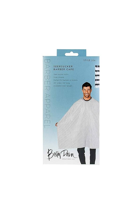 Betty Dain Seersucker Classic Barber Cutting/Styling Cape, Classic Seersucker Stripe, Soft, Machine Washable Nylon Fabric, Repels Hair, Snap Closure at Neck, Black/White Stripe, 45 x 54 inches