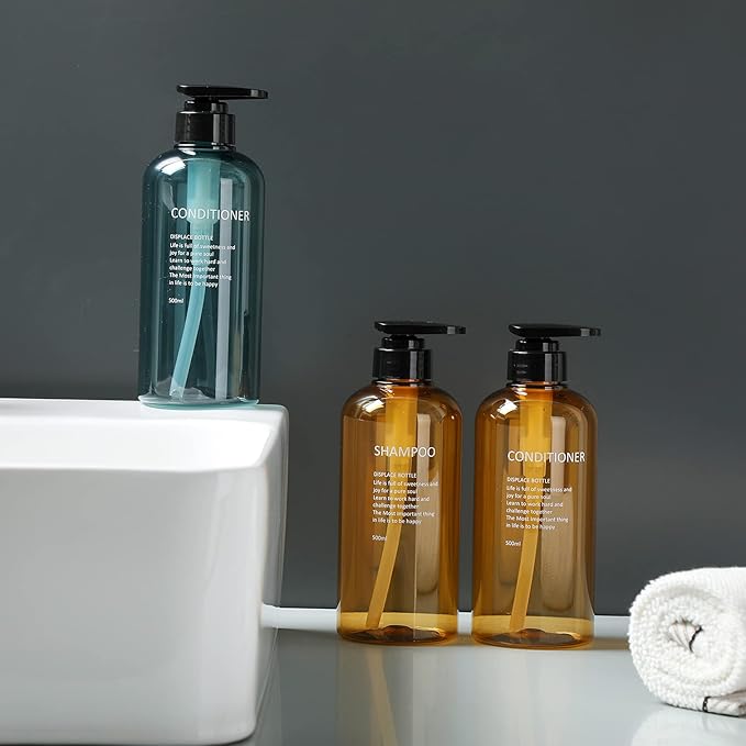 Shampoo and Conditioner Dispenser Bottles-3pcs 16.9oz Plastic Empty Refillable Pump Lotion Bottle Containers Set for Guest Bathroom Shower Body Wash, Reusable Cosmetic Labeled Bottles, Blue