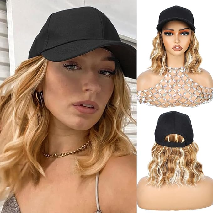 GUOJIAN Hat Wigs for Women 6' Short Wave Baseball Cap Wigs with Curly Hair Extensions Synthetic Wave Wig Adjustable Hat with Hair Attached for Daily Use (B27/613, 6inch)