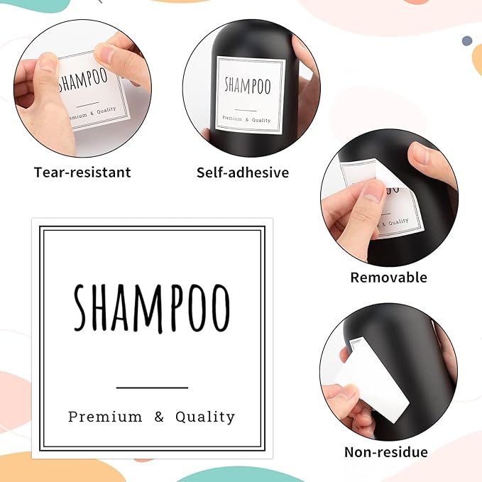 Segbeauty Waterproof Labels for Bottles, 18pcs Shampoo Conditioner White Label Stickers, Removable Self-Adhesive Soap Dispenser Stickers for Bathroom Kitchen Washstand Dresser Plastic Glass Bottle