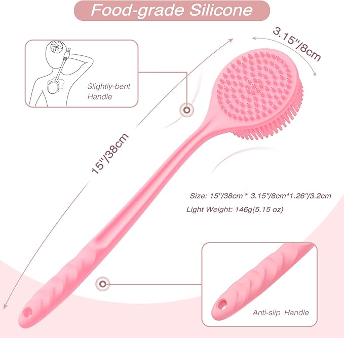 Manmihealth Silicone Back Scrubber (Thin Bristles) & Bath Glove & Face Brush Set(3PCS), Exfoliating Body Scrubber, Shower Brush, Face Scrubber Combination, with a Hook (Random Color Pink or Black)