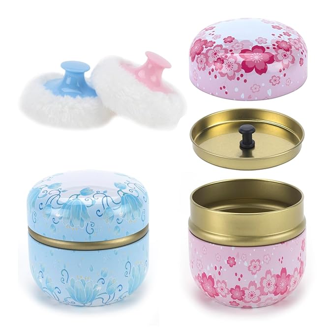 2 Pcs Body Powder Puff and Container Large Fluffy Powder Puffs with Case Empty Bath Dusting Powder Box for Women Baby Beach Travel Home Pink & Blue