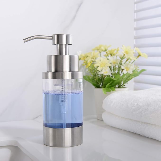Delle Rosa Soap Dispenser, Foaming Soap Dispenser, Clear Bottle for Bathroom Vanities or Kitchen, Stainless Steel Pump Head, Countertops Soap Dispenser Brushed Nickel, 250ml/8oz