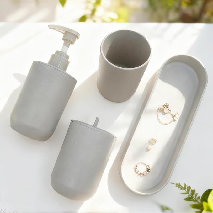 LGURT-4-piece Bathroom Accessories Set, with Toothbrush Holder, Lotion soap Dispenser, Qtip Holder Dispenser and Vanity Tray, Sleek Counter Storage for Bathroom Vanity (Gray)