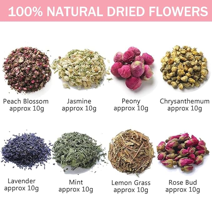 Dried Flowers Pedicure Foot Soak Kit,8 Bags Set for Dry Tired Feet,Including Rose Buds,Lavender,Jasmine,Chrysanthemum,Lemongrass,Mint, Peony,Peach Blossom (8 Bags, Dried Flowers)