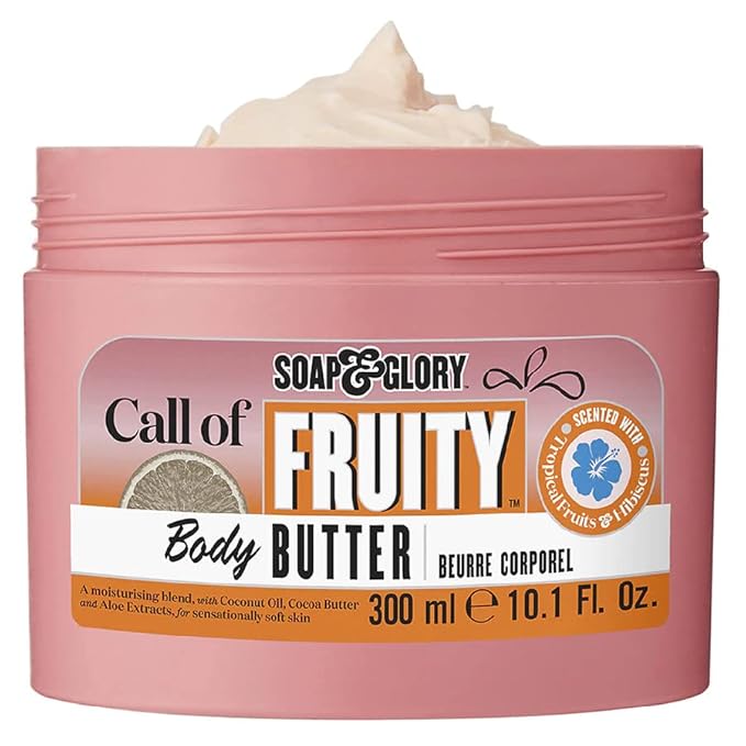Soap & Glory Call of Fruity Body Butter - Moisturizing Body Cream with Vitamin E, Coconut Oil & Aloe Extracts - Tropical Fruits, Juicy Melon & Hibiscus Cocoa Butter for Dehydrated Skin (300ml)
