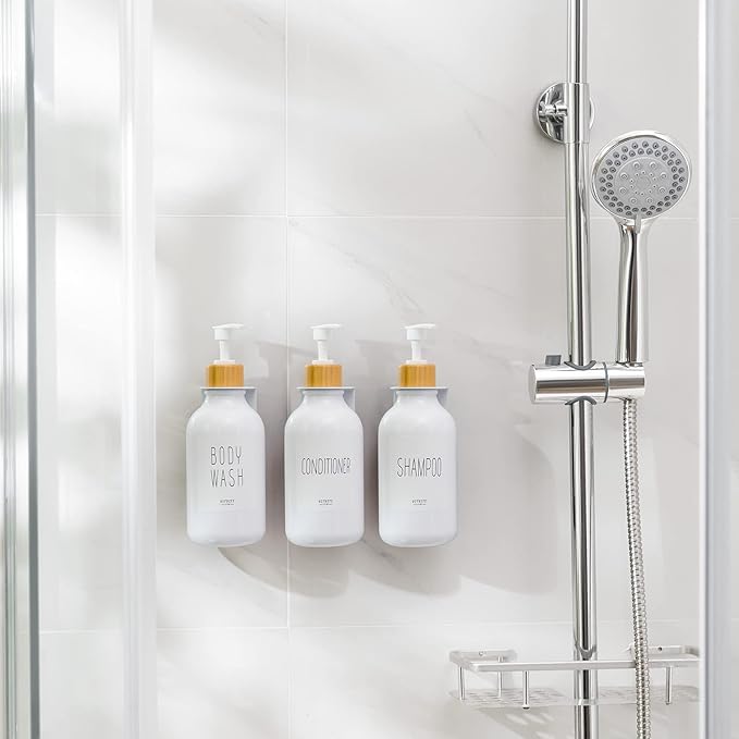 VITVITI Shampoo and Conditioner Dispenser, Body Wash Shower Soap Dispenser Wall Mounted 3 Chamber, Drill Free 17oz Plastic Shower Bottles for Bathroom, White 3 Sets