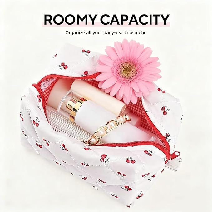 Floral Makeup Bag,Floral Quilted Makeup Pouch,Large Cosmetic Bag,Fashionable Travel Makeup Pouch, Cute Cherry Make up Bag,Puffy Coquette Makeup Bag, Attractive Quilted Make up Bag