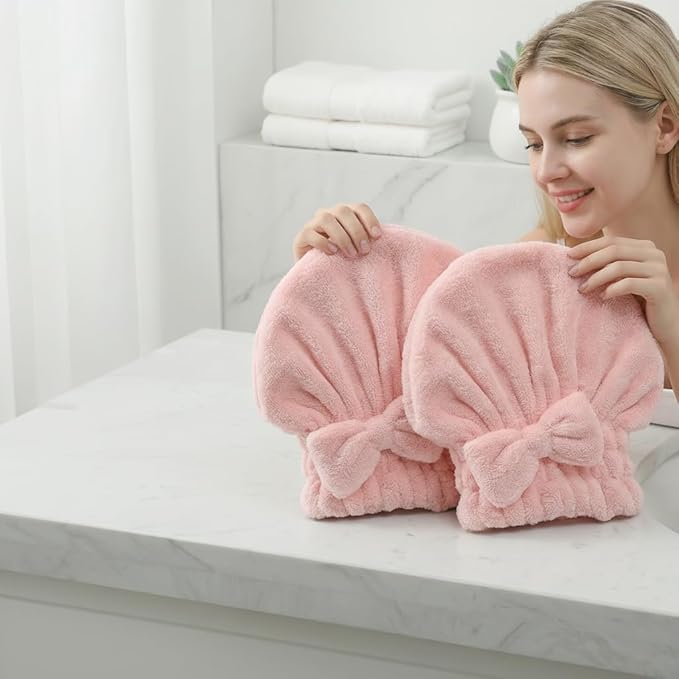 Cute Bow Microfiber Hair Towel for Girls, Quick Drying Hair Turban for Women Kids, Super Absorbent Anti Frizz Hair Cap for Curly Thick Hair, Lightweight Travel Towel (Two Pink)