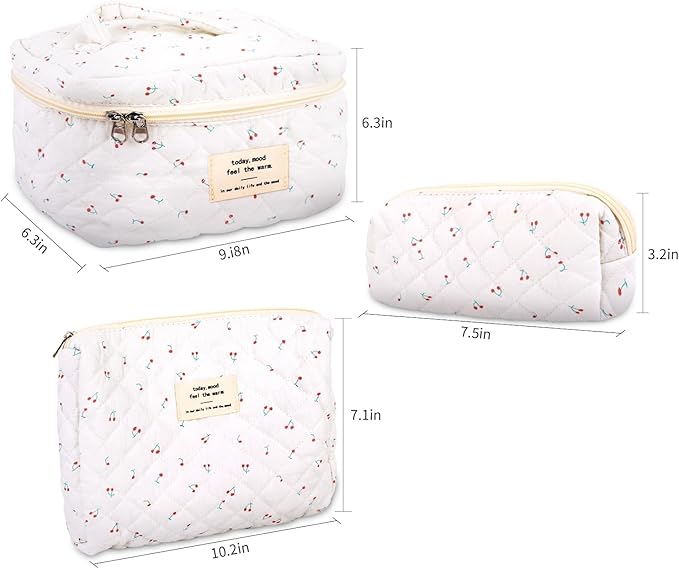 3Pcs Cotton Quilted Makeup Bag Large Travel Cosmetic Bag Coquette Makeup Pouch Cute Aesthetic Floral Toiletry Bag for Women Girls (cherry-B)