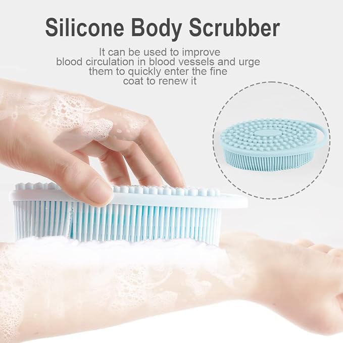 Soft Silicone Body Scrubber 2 PCS Silicone Body Shower, Silicone Loofah 2 in 1 Bath and Shampoo Brush, Body Scrubber Shower Cleaning Exfoliating Use for Sensitive Skin, Lather Well(Pink and Blue)