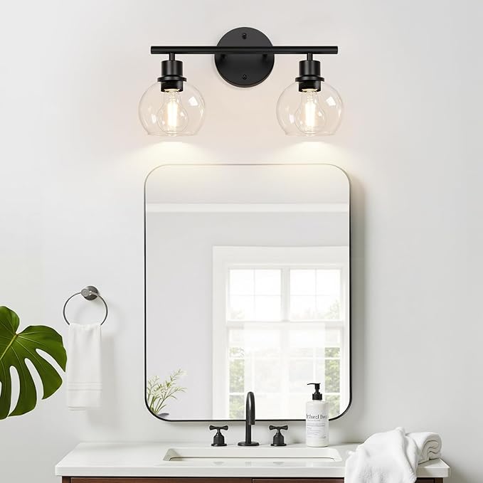 2-Light Bathroom Vanity Light, Matte Black Bathroom Light Fixture Over Mirror with Clear Glass Globe Shades, Modern Farmhouse Wall Sconce for Bathroom, Kitchen, Bedroom, Hallway