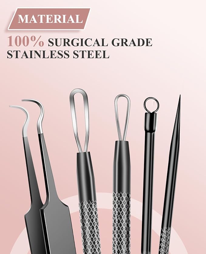 3PCS Pimple Extractor Acne Treatment Tool Professional Stainless Blackhead Comedone Removal Popper Tool for Face Nose Blackhead Extractor Tool (Black)