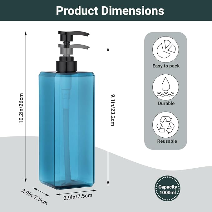 Suream 33.8oz/1000ml Lotion Dispenser, 3PCS Blue Refillable Shampoo and Conditioner Bottles with Labels, Square Soap Dispenser Set for Essential Oil Lotion Shampoo