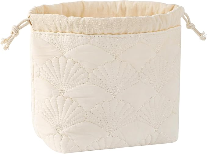 uekeboag White Shells Drawstring Quilted Cotton Makeup Pouch,Coquette Quilted Toiletry Bag for Women and Girls, Floral Coquette Organizer Bag, Aesthetic Travel Cosmetic Bags(White Shells Drawstring)