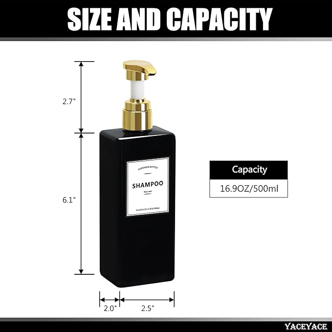 Black Shampoo Bottles with Gold Pump YACEYACE 16.9oz Set of 3 Shampoo and Conditioner Dispenser Empty Black Shower Bottles, Elegant Boutique Shampoo Dispenser for Bathroom, Lotion, Salon