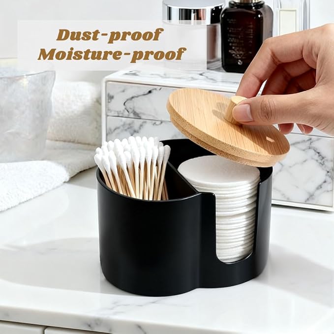 Qtip Holder Dispenser,Dual-Compartment Cotton Swab & Cotton Pad Organizer with Removable Dustproo-f Lid,Compact Countertop Storage Container(Black)
