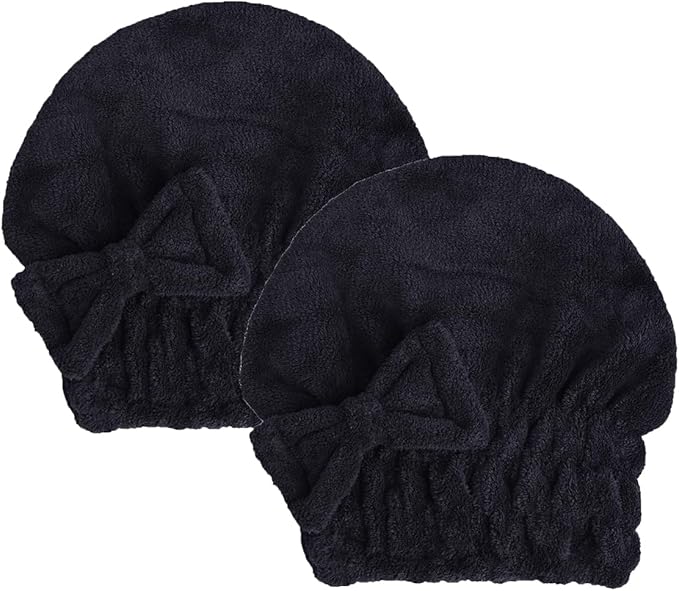 HOPESHINE Microfiber Hair Towel Cap for Women Wet Short or Long Curly Hair Super Absorbent Quick Dry Turbans Anti Frizz Great Gift for Women and Girls Black 2-Pack