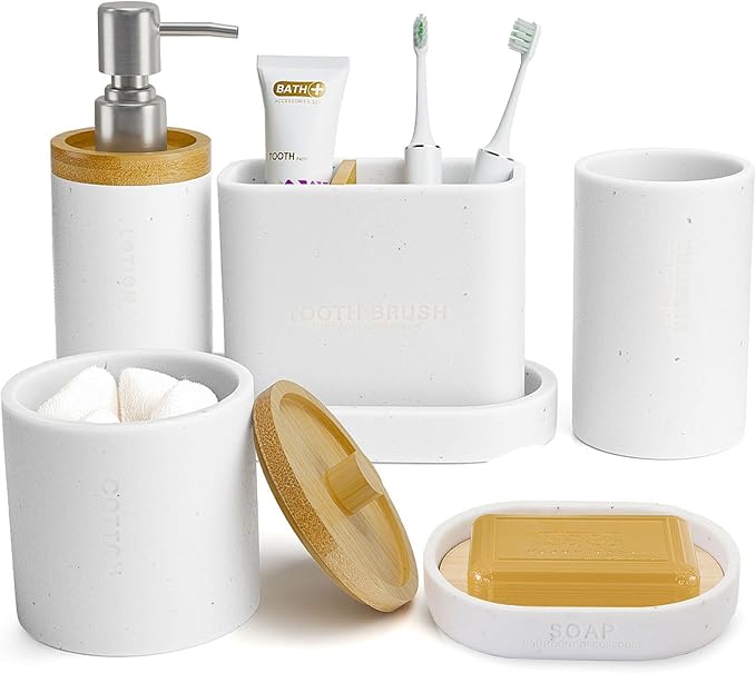 Bathroom Accessories Set, 6Pcs Bathroom Accessory Set, Large-Sized Toothbrush Holders Set, Soap Dispenser, Vanity Tray, Bathroom Tumbler, Apothecary Jars and a soap Dish (Marble White)