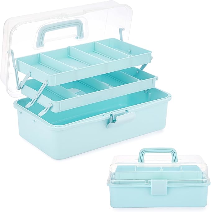 BTSKY 3-Layer Plastic Dividing Storage Box Craft Organizer and Storage with Adjustable Spacers Portable Handled Art Supply Organizer Multipurpose Home Utility Box for Medicine, Sewing(Blue)