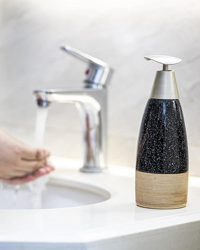 Ceramic Dish Soap Dispenser with 2 Pumps for Hand Soap, Shampoo, Lotion, Conditioner, 12 oz Refillable Soap Bottle with Silicone Funnel for Mother's Day Bathroom & Kitchen, Black