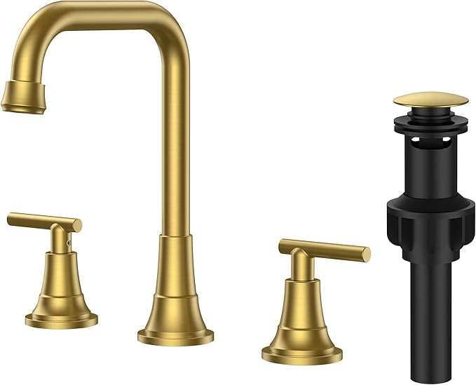 FORIOUS 3 Hole 8 Inch Widespread Bathroom Faucet in Brushed Gold - 2 Handle Bathroom Sink Faucets with Pop Up Drain Assembly and 2 Water Supply Lines for RV Bath Vanity Farmhouse, 360°Swivel Spout