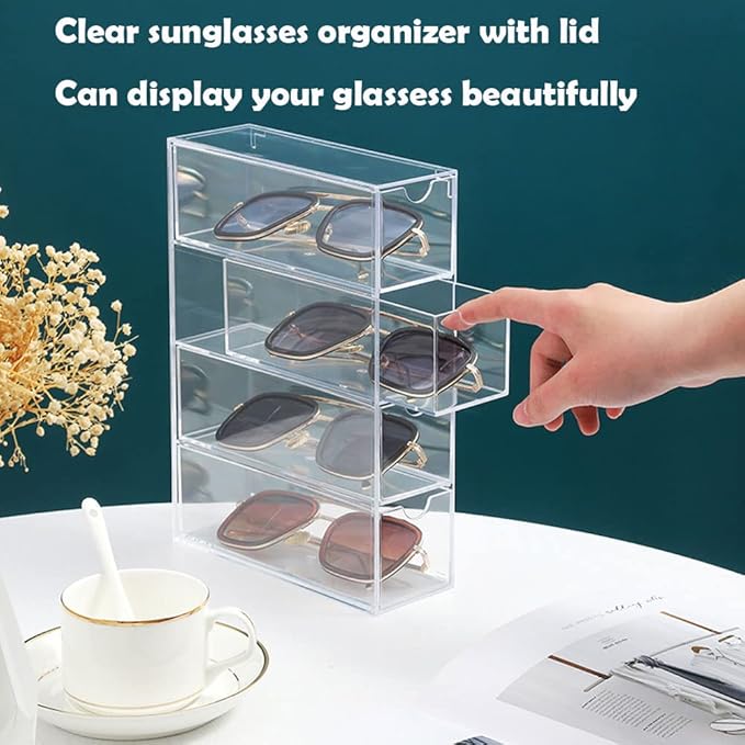 Sunglass Storage Box, Acrylic Eyeglass Organizer, Make-up Storage Drawer Tray, Jewelry Trays, Type Strong Load-bearing Easy Access 4-Layer Transparent Visual Sunglasses Case Home Office Using