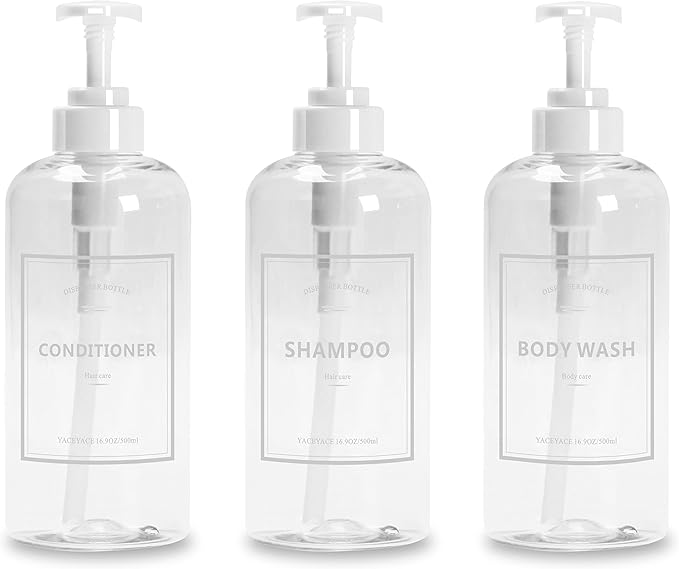 3pcs Refillable Shower Dispensers - Clear Shampoo & Soap Bottles with Pumps, 16.9oz