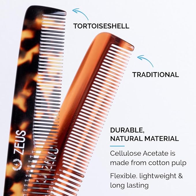 ZEUS Beard & Mustache Comb for Men, Handmade Saw-Cut Hair Comb for Untangling & Styling Beard (Tortoiseshell) V12