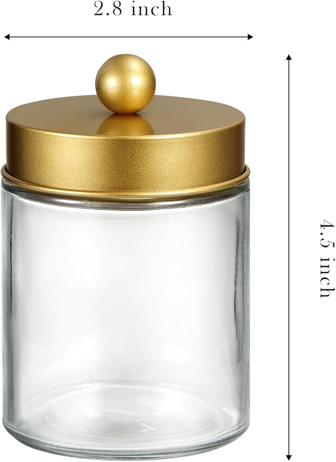 SheeChung Qtip Dispenser Holder 3pcs, Glass Apothecary Jars with Stainless Steel Lids &Stickers, Countertop Canister Guest Bathroom Storage Organizer Set for Cotton Swabs/Balls, Floss Picks(Gold)