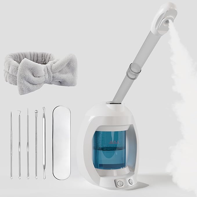 Facial Steamer-Face Steamer for Facial Deep Cleaning, Vaporizador Facial for Esthetician and Nano Ionic Hot Steam for Face, Professional Facial Steamer with a Headband and Acne Needle Set.(Blue)