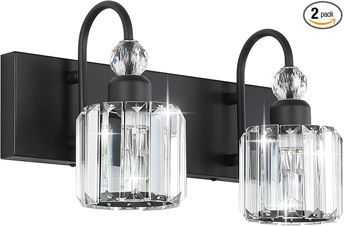 Ralbay Modern Vanity Lights - 2-Light Black Crystal Bathroom Wall Fixtures