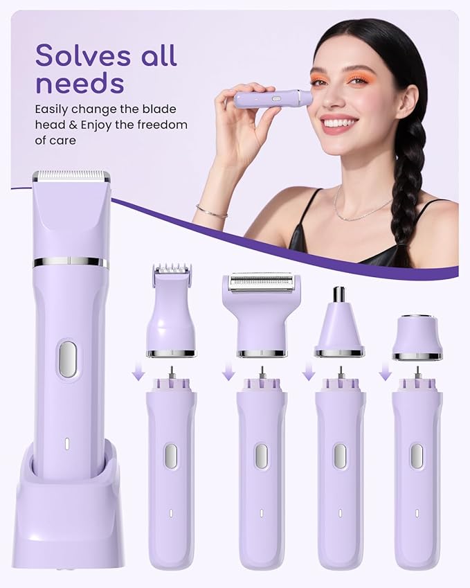 Bikini Trimmer for Women,5 in 1 Waterproof Electric Razors for Women Pubic Facial Nose Body Leg Hair Removal, Anniversary Birthday Christmas gifts for women self care, Stocking Stuffers for Teen Girls