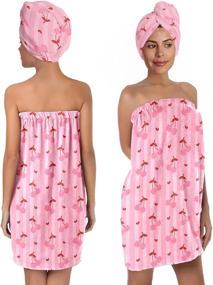 Women’s Pink Cherry Bath Wrap and Hair Towel Set, Soft Absorbent Microfiber Quick-Dry Shower Body Skirt with Elastic Closure, Lightweight Spa Towel for Home, Gym & Travel (Cherry 10)