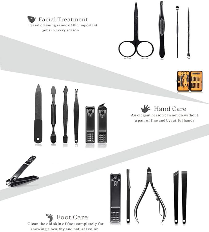 Professional Stainless Steel Nail Clipper Travel & Grooming Kit Nail Tools Manicure & Pedicure Set of 15pcs with Luxurious Case (Black/Yellow)