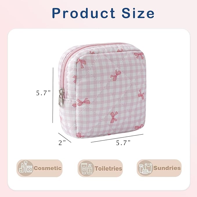 Small Quilted Cosmetic Pouch for Purse, Mini Cotton Makeup Bag with Compartments, Cute Zipper Lipstick Holder for Women (11Checkered Pink bow)