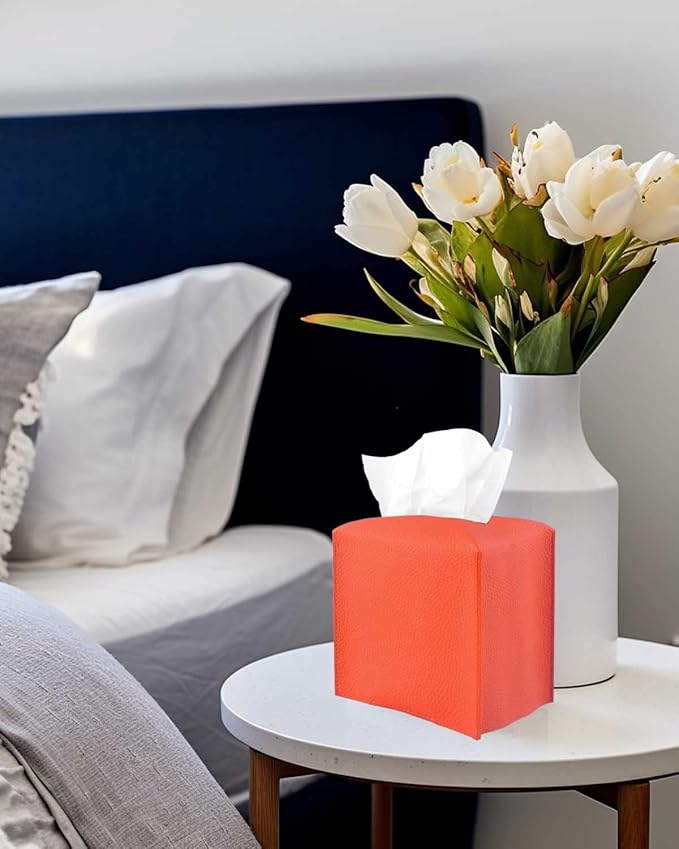 Orange Tissue Box Cover Square – Tissue Box Holder with Bottom Belt [JESMINI] Modern PU Leather Tissue Holder for Home Fall Decoration
