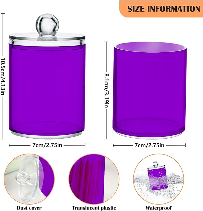 Purple Qtip Holder Organizer Dispenser Cotton Swabs Cans Plastic Jars with Lid Set 2 Pack Bathroom Storage Canister for Cotton Ball Floss Cotton Pads