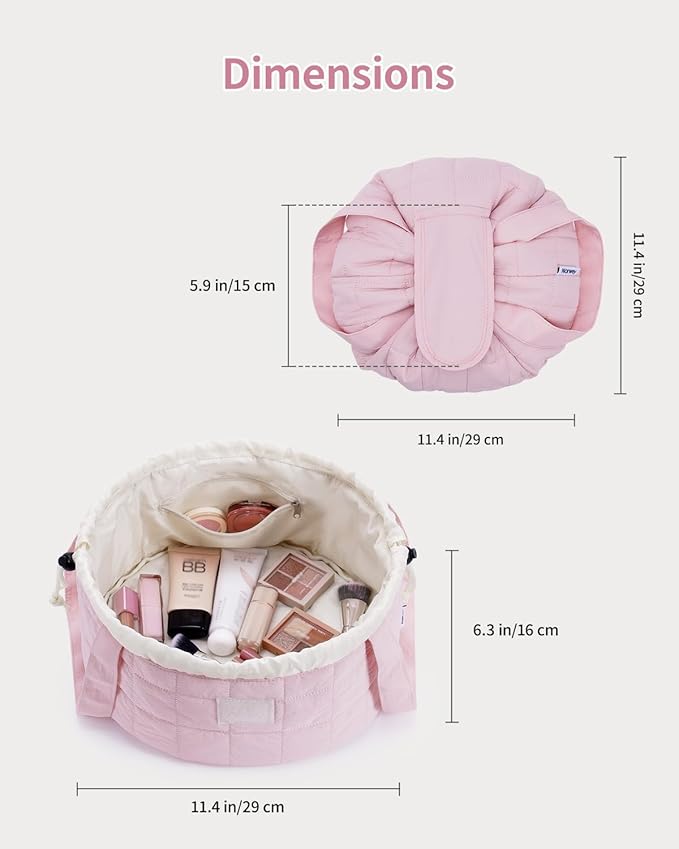 Narwey Quilted Drawstring Makeup Bag, Large Cosmetic Bag Make up Bags Toiletry Bag Travel Bags for Toiletries Organizer for Women Gift for Teen Girls (Pink) (Patent)