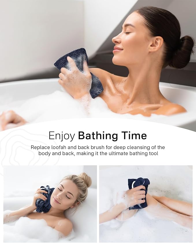 Yiclick Exfoliating Washcloth Towel with Handle, Back Scrubber for Shower, Exfoliating Body Scrubber Exfoliator, Japanese Wash Cloth for Body Scrub, Bath Sponge Loofah Luffa Washer Exfoliator