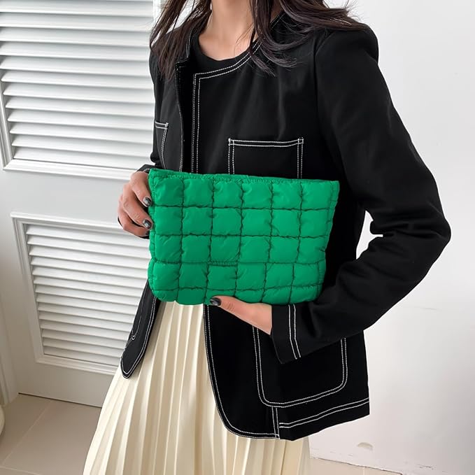 Puffy Quilted Makeup Bag for Women, Cosmetic Bag, Travel Toiletry Organizer Pouch Clutch (green)