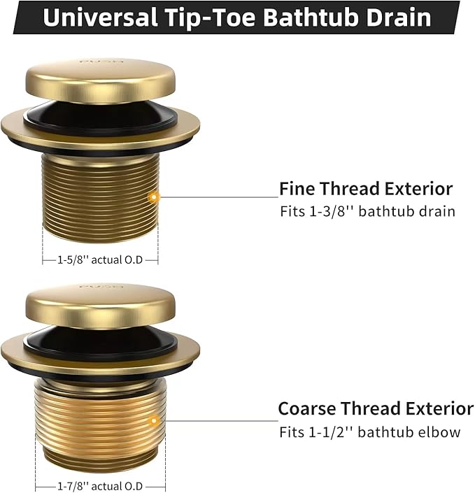 All Metal Tip-Toe Bathtub Drain Kit with Two-Hole Overflow Faceplate and Universal Fine/Coarse Thread Assembly, Bath Tub Drain Kit fits All Bathtub -Brushed Gold