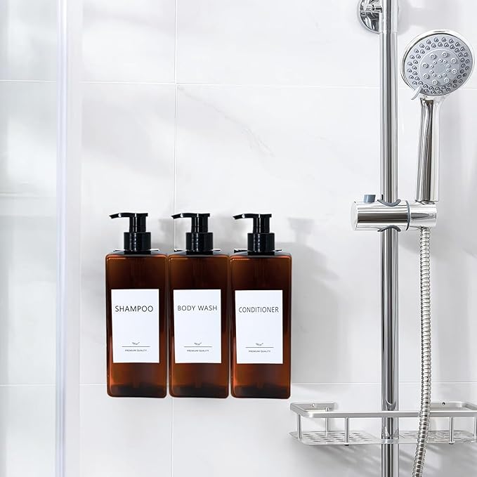 Shampoo and Conditioner Dispenser Set, 3Pack Refillable Shampoo and Conditioner Bottles with Labels, 500ml Soap Dispenser 16.9oz Shower Dispenser Square Pump Bottle for Bathroom and Kitchen - Amber