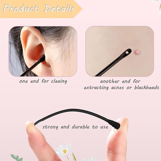 200Pcs Plastic Disposable Blackhead Remover Double-Headed Comedones Extractor Black Pimple Popper Tool Acne Removal Stick Cotton Swab Beauty Tool
