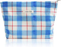 Wudygirl Makeup Bag Canvas Cosmetic Bag for Women Aesthetic Makeup Organizer Travel Makeup Pouch Toiletry Bag Pouches for Purse Cute Zipper Pouch Handbag (Blue White Line)