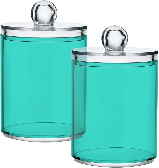 Turquoise Qtip Holder Organizer Dispenser Cotton Swabs Cans Plastic Jars with Lid Set 2 Pack Bathroom Storage Canister for Cotton Ball Floss Cotton Pads