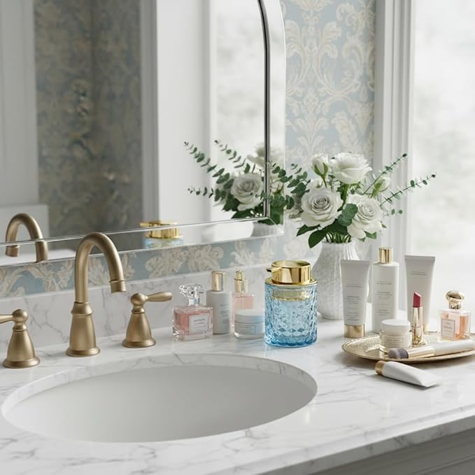 Blue Glass Foaming Soap Dispenser, Bathroom Refillable 10 Oz Foam Hand Soap Dispenser, Vintage Lotion Shampoo Container Gold Large Pump Bottle for Bathroom Countertop and Kitchen Decor